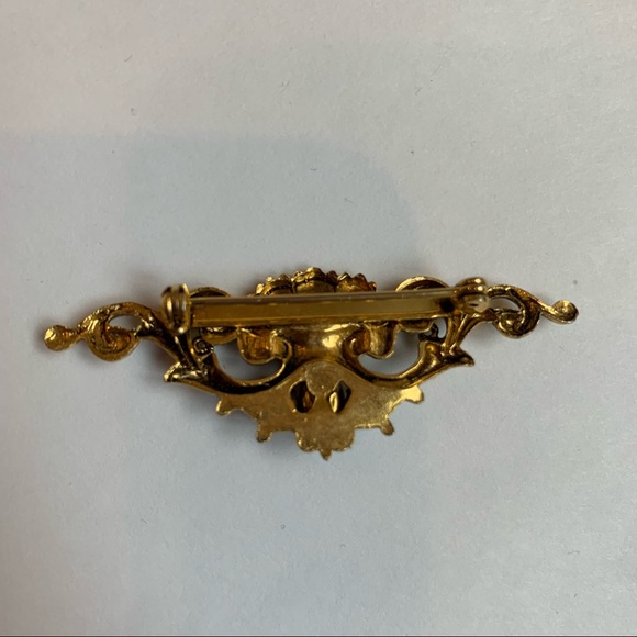 Gold Tone Faux Opal Vintage Bar Brooch Scrolls Victorian Baroque Style - Picture 5 of 6